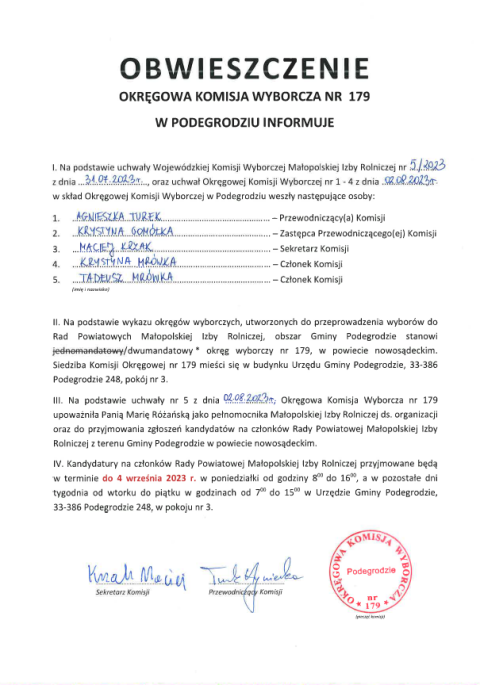 Obwieszczenie Okręgowej Komisji Wyborczej nr 179 w Podegrodziu
