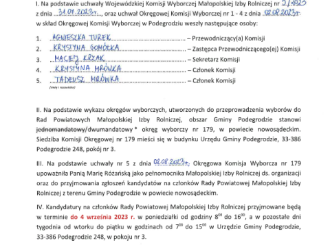 Obwieszczenie Okręgowej Komisji Wyborczej nr 179 w Podegrodziu