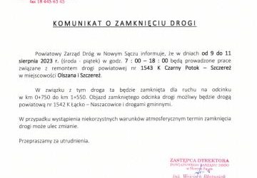 Komunikat o zamknięciu drogi