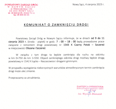 Komunikat o zamknięciu drogi