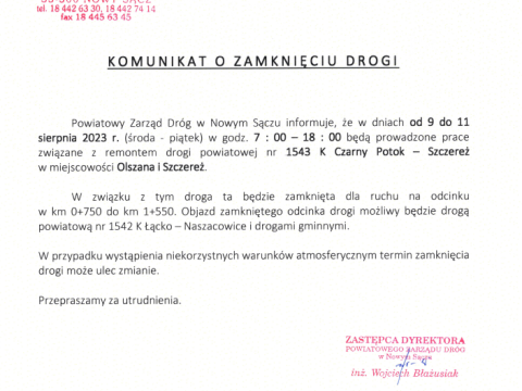 Komunikat o zamknięciu drogi