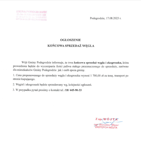 Końcowa sprzedaż węgla - ogłoszenie