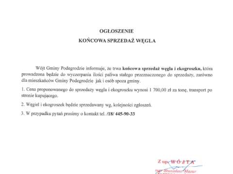 Końcowa sprzedaż węgla - ogłoszenie