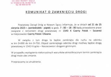 Komunikat o zamknięciu drogi