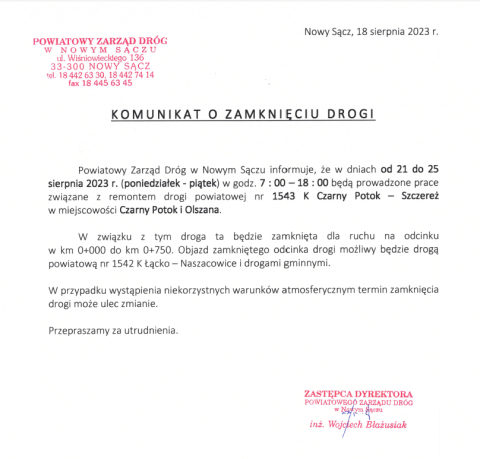 Komunikat o zamknięciu drogi