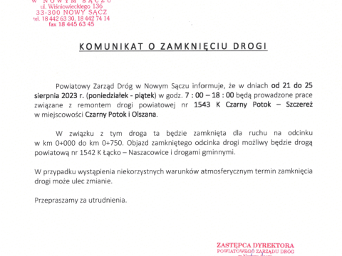 Komunikat o zamknięciu drogi