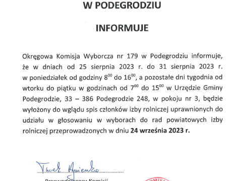 Obwieszczenie Okręgowej Komisji Wyborczej nr 179 w Podegrodziu o wyłożeniu do wglądu spisu członków izby rolniczej uprawnionych do udziału w głosowaniu w wyborach do rad powiatowych izby rolniczej.