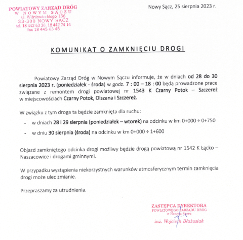 Komunikat o zamknięciu drogi