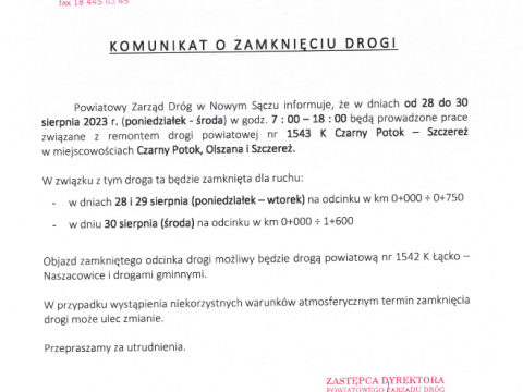 Komunikat o zamknięciu drogi