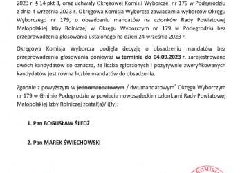 Obwieszczenie Okręgowej Komisji Wyborczej nr 179 w Podegrodziu o obsadzeniu mandatów na członków Rady Powiatowej Małopolskiej Izby Rolniczej w Okręgu Wyborczym nr 179 w Podegrodziu
