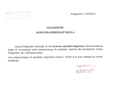 Uwaga! Końcowa sprzedaż węgla