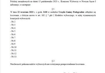 Informacja Komisarza Wyborczego w Nowym Sączu I z dnia 18 września 2023 r.o losowaniach