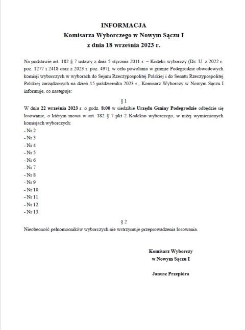 Informacja Komisarza Wyborczego w Nowym Sączu I z dnia 18 września 2023 r.o losowaniach