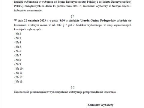 Informacja Komisarza Wyborczego w Nowym Sączu I z dnia 18 września 2023 r.o losowaniach