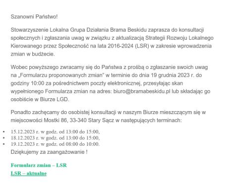 Komunikat o konsultacjach społecznych