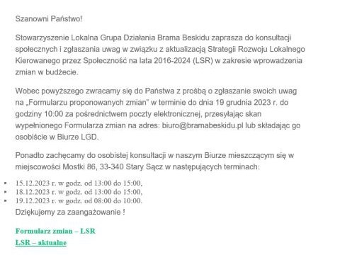 Komunikat o konsultacjach społecznych