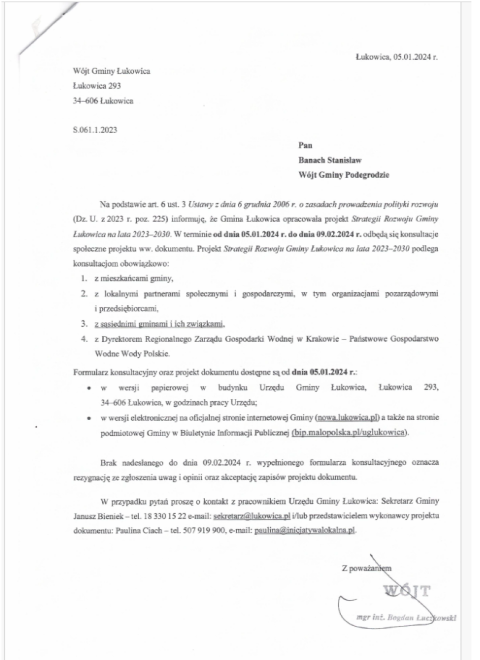 Zawiadomienie Wójta Gminy Łukowica o konsultacjach społecznych projektu Strategii Rozwoju Gminy Łukowica na lata 2023 – 2030