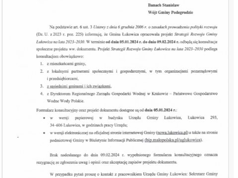 Zawiadomienie Wójta Gminy Łukowica o konsultacjach społecznych projektu Strategii Rozwoju Gminy Łukowica na lata 2023 – 2030