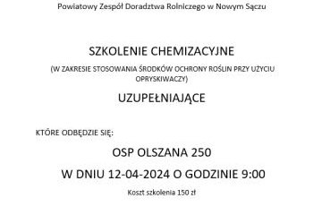 SZKOLENIE CHEMIZACYJNE   (W ZAKRESIE STOSOWANIA ŚRODKÓW OCHRONY ROŚLIN PRZY UŻYCIU OPRYSKIWACZY