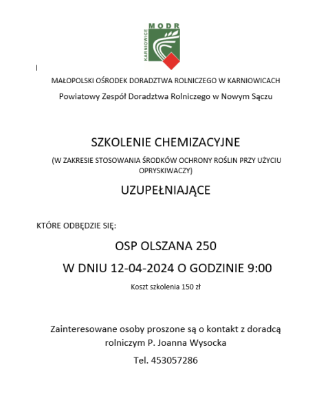 SZKOLENIE CHEMIZACYJNE   (W ZAKRESIE STOSOWANIA ŚRODKÓW OCHRONY ROŚLIN PRZY UŻYCIU OPRYSKIWACZY
