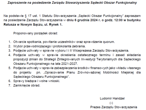 Zaproszenie na posiedzenie Zarządu Stowarzyszenia Sądecki Obszar Funkcjonalny