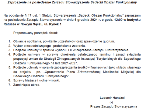 Zaproszenie na posiedzenie Zarządu Stowarzyszenia Sądecki Obszar Funkcjonalny