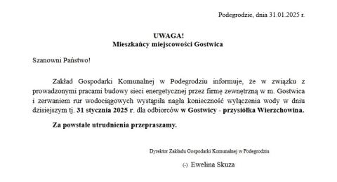 Komunikat dla mieszkańców miejscowości Gostwica