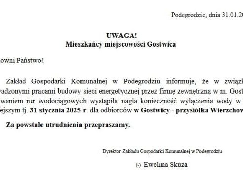 Komunikat dla mieszkańców miejscowości Gostwica