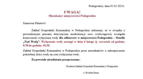 Komunikat dla mieszkańców miejscowości Podegrodzie – Osiedle „Nad Wodą”