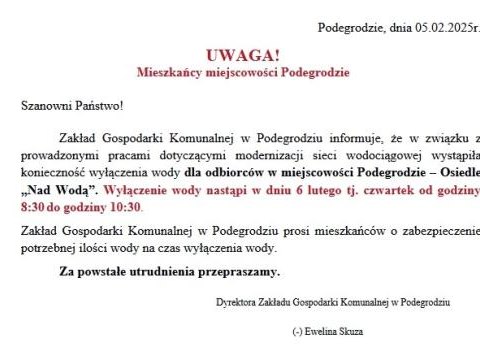 Komunikat dla mieszkańców miejscowości Podegrodzie – Osiedle „Nad Wodą”