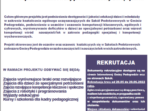 REKRUTACJA DO PROJEKTU "SUPER SZKOŁY W GMINIE PODEGRODZIE" NA ROK 2022/2023