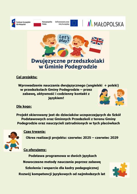Rekrutacja dzieci do projektu „Let’s play! Dwujęzyczne przedszkolaki w Gminie Podegrodzie”