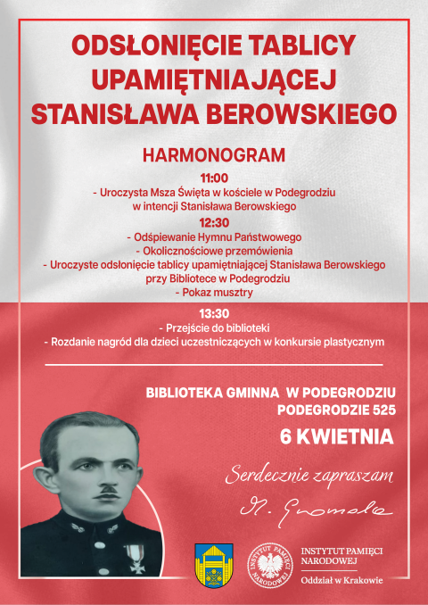 Zaproszenie na uroczyste odsłonięcie tablicy upamiętniającej Stanisława Berowskiego