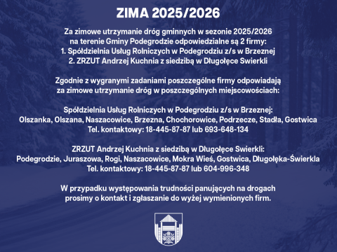 Zimowe Utrzymanie Dróg Gminnych w sezonie 2025/2026 na terenie Gminy Podegrodzie