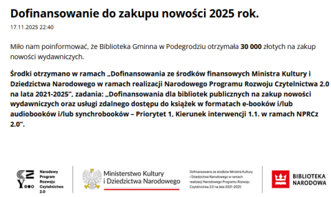 Biblioteka Gminna w Podegrodziu z Dofinansowaniem