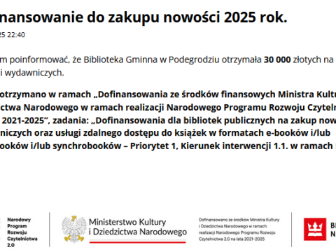 Biblioteka Gminna w Podegrodziu z Dofinansowaniem