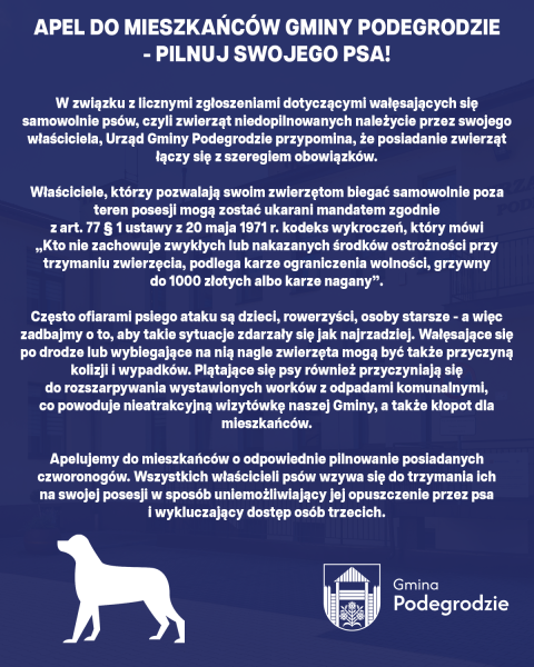 Apel do mieszkańców Gminy Podegrodzie – Pilnuj swojego psa!