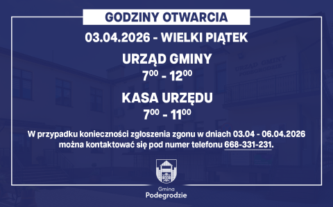 Godziny otwarcia Urzędu Gminy Podegrodzie w dniu 03.04.2026