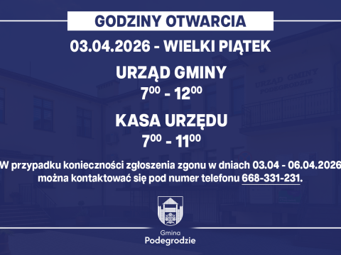 Godziny otwarcia Urzędu Gminy Podegrodzie w dniu 03.04.2026