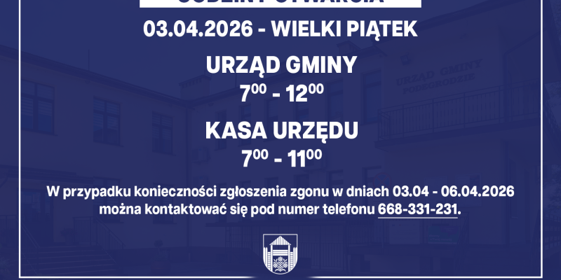 Godziny otwarcia Urzędu Gminy Podegrodzie w dniu 03.04.2026
