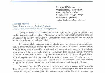 List wojewody małopolskiego Krzysztofa Jana Klęczara na Święto Narodowe 3 Maja