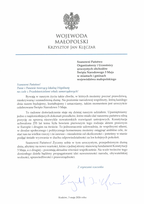 List wojewody małopolskiego Krzysztofa Jana Klęczara na Święto Narodowe 3 Maja