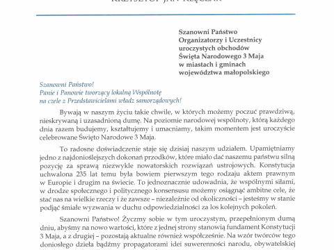 List wojewody małopolskiego Krzysztofa Jana Klęczara na Święto Narodowe 3 Maja