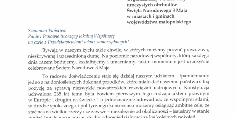 List wojewody małopolskiego Krzysztofa Jana Klęczara na Święto Narodowe 3 Maja