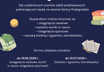 Stypendium Wójta Gminy Podegrodzie dla uzdolnionych uczniów szkół podstawowych pobierających naukę na terenie Gminy Podegrodzie