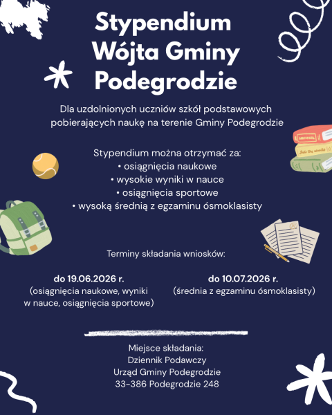 Stypendium Wójta Gminy Podegrodzie dla uzdolnionych uczniów szkół podstawowych pobierających naukę na terenie Gminy Podegrodzie