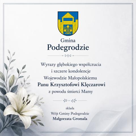 Wyrazy głębokiego współczucia składa Wojewodzie Małopolskiemu Wójt Gminy Podegrodzie