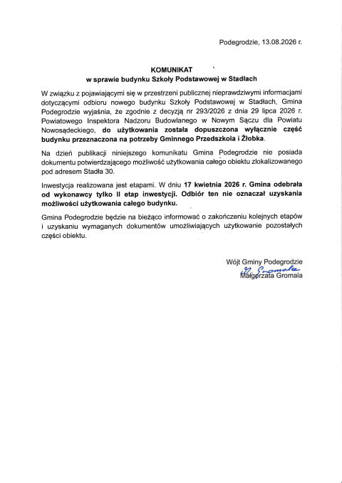 Komunikat w sprawie budynku Szkoły Podstawowej w Stadłach