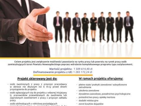 „Kompleksowe wsparcie osób zwolnionych i zagrożonych zwolnieniem z pracy z obszaru Powiatu Nowosądeckiego”,