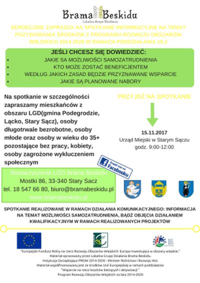 Stowarzyszenie LGD Brama Beskidu zaprasza na spotkanie informacyjne pt. : „Informacja na temat możliwości samozatrudnienia, bądź objęcia działaniem kwalifikacyjnym w ramach realizowanych projektów”.